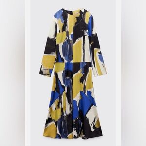 Zara Abstract Brushstroke Midi Dress in Blue, Mustard and Black